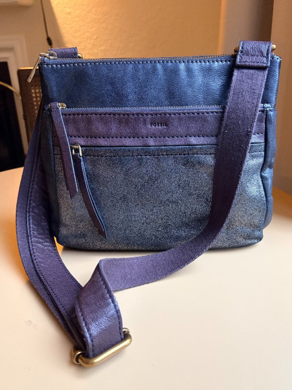 FOSSIL Corey Crossbody Purse Black & Brown Leather Bag with Metallic Detail